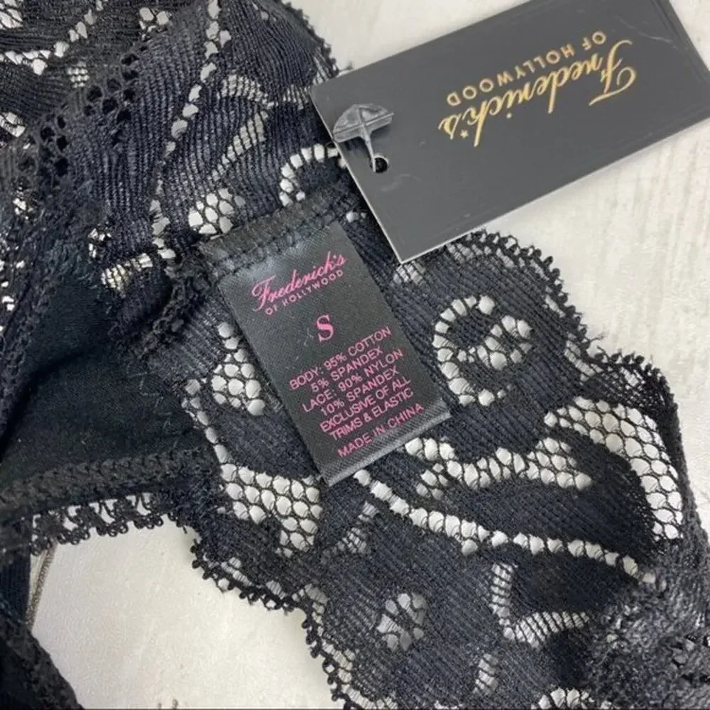 NWT Fredericks of Hollywood Thong Underwear Small Lace Black Bridget Panties Y2K